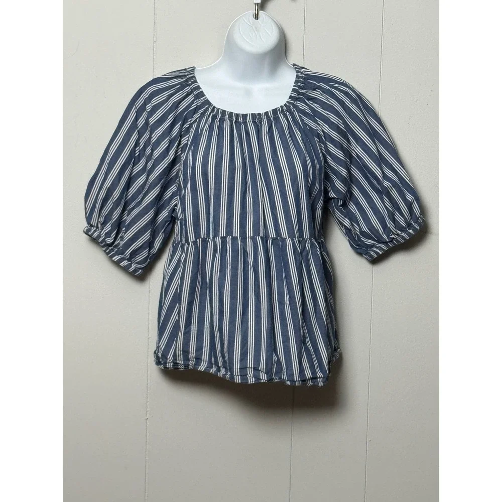 Old Navy Women's Blue White Striped Puff Sleeve Peplum Babydoll Top Size Small